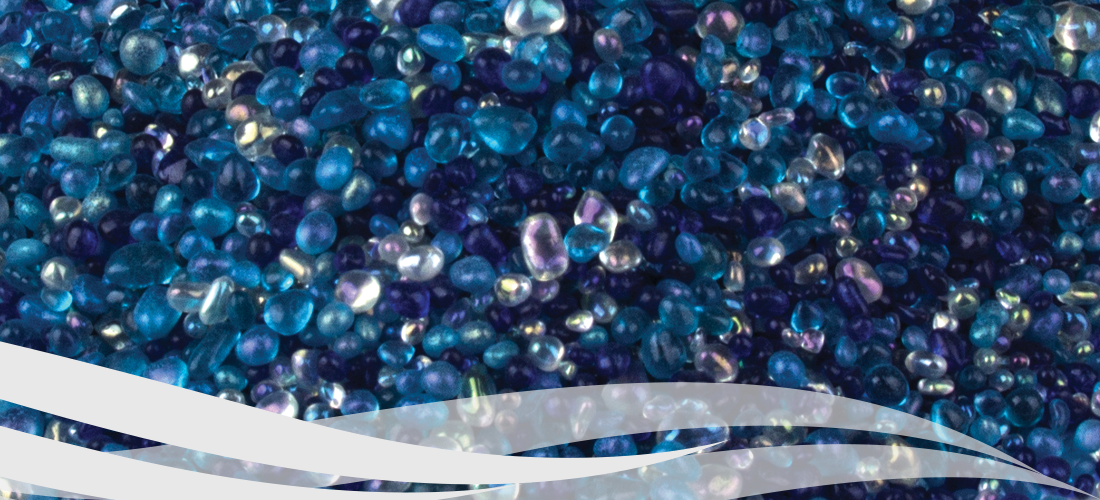 Universal Cement blue glass pebble image with white wave motif for banner