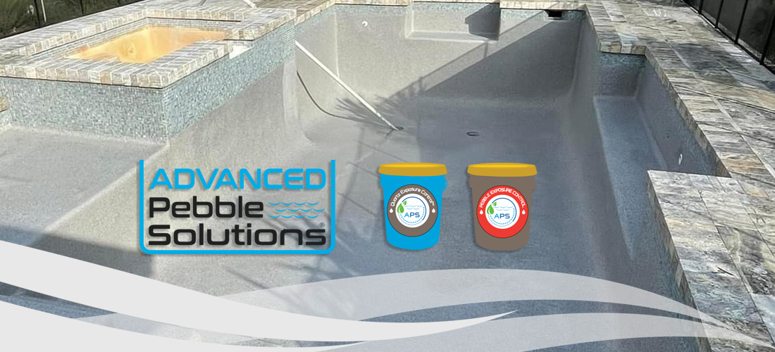 Advanced Pebble Solutions banner - logo and resurfaced pool and buckets